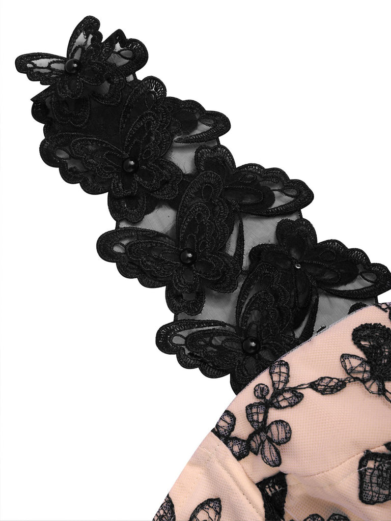 [Pre-Sale] Beige & Black 1950s Lace Butterfly Corset Lace-Up Dress
