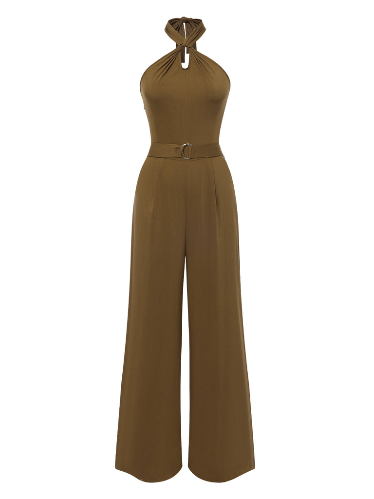 [Pre-Sale] 1950s Solid Cross-Halter Belted Jumpsuit