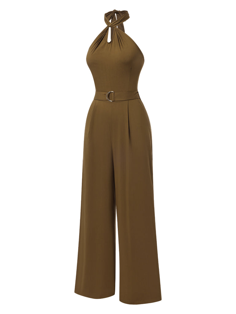[Pre-Sale] 1950s Solid Cross-Halter Belted Jumpsuit