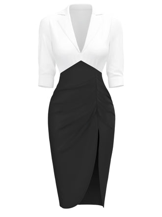 White & Black 1960s Notched Collar Ruched Bodycon Dress
