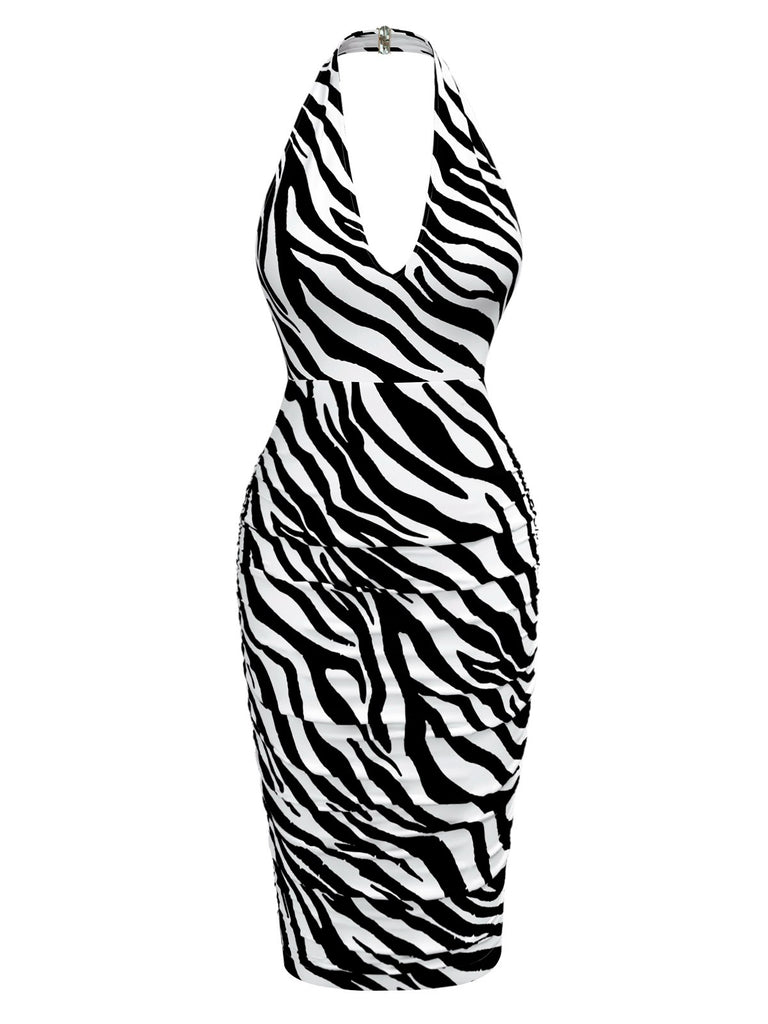 [Pre-Sale] Black & White 1960s Halter Zebra Stripe V-Neck Dress