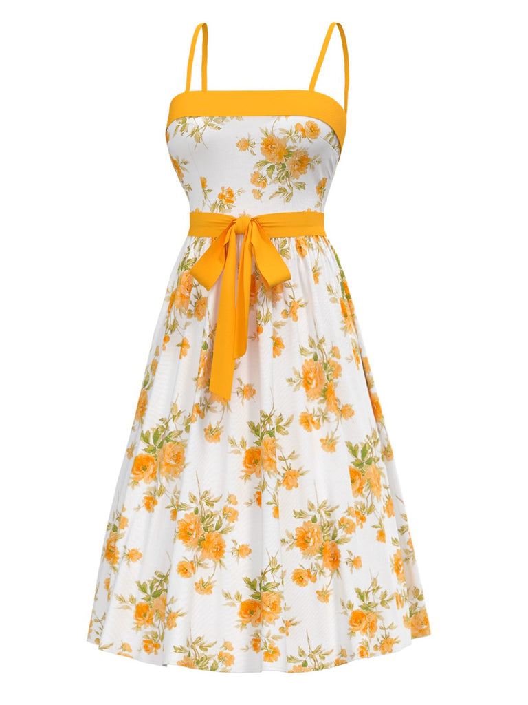 [Pre-Sale] 1940s Floral Spaghetti Straps Belted Dress