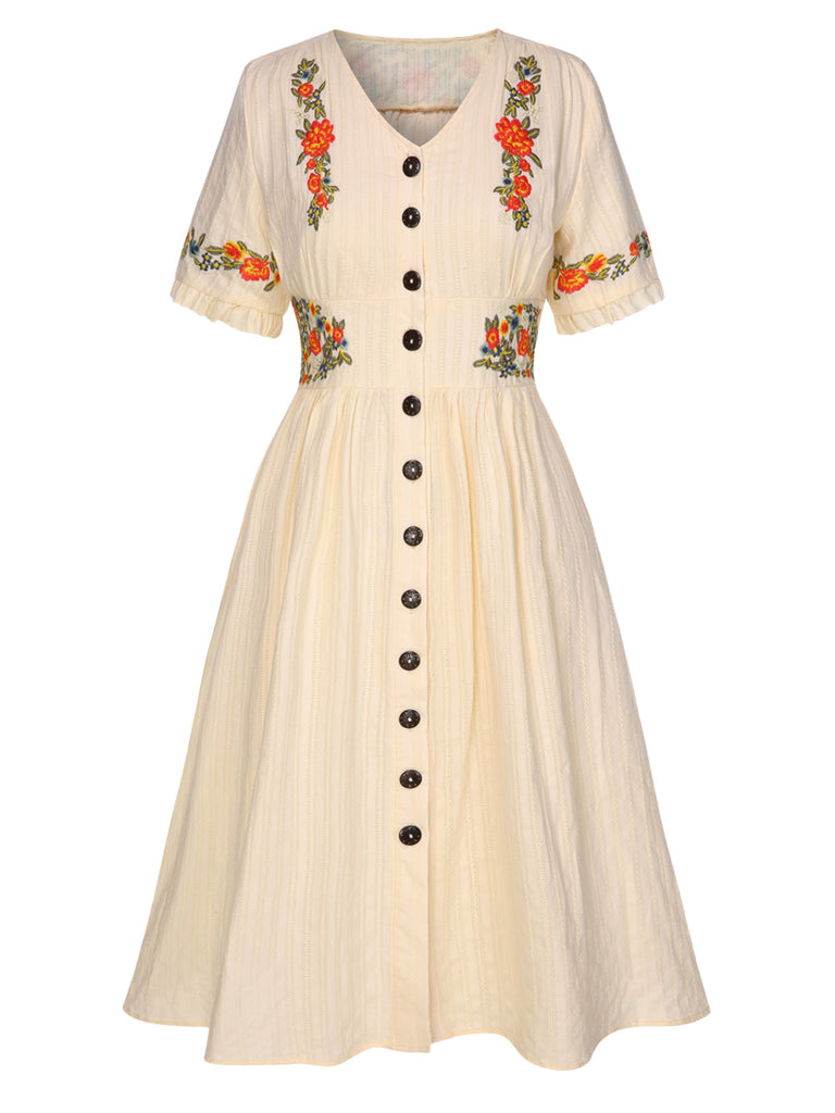 [Pre-Sale] [Plus Size] Pure Cotton Beige 1940s V-Neck Floral Dress