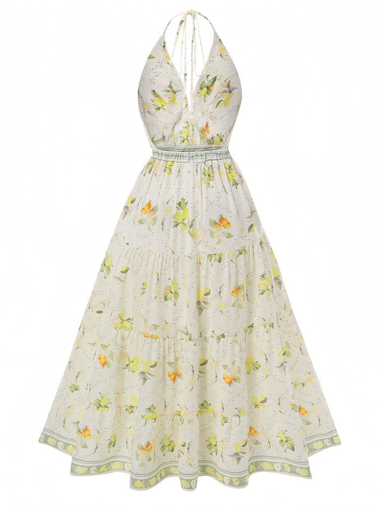 Yellow 1930s Deep V-Neck Halter Lemon Dress