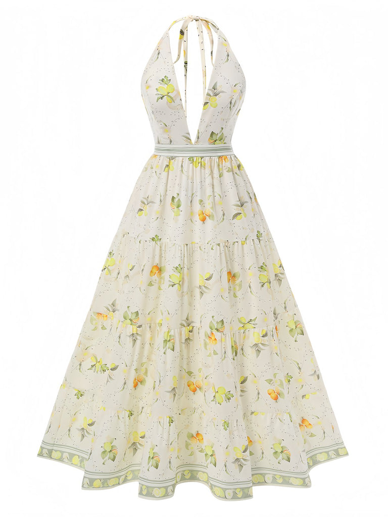Yellow 1930s Deep V-Neck Halter Lemon Dress
