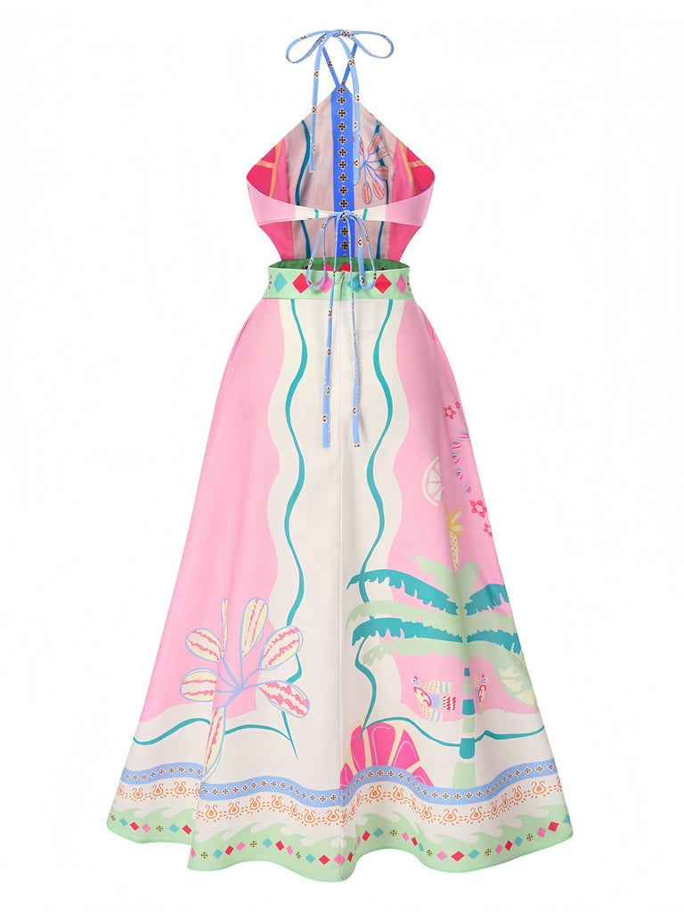 Pink 1970s Round Halter Tropical Boho Dress