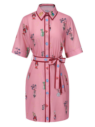 Pink 1960s Floral Print Lapel Belted Dress
