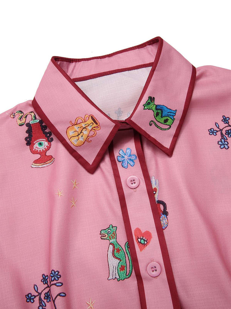 Pink 1960s Floral Print Lapel Belted Dress