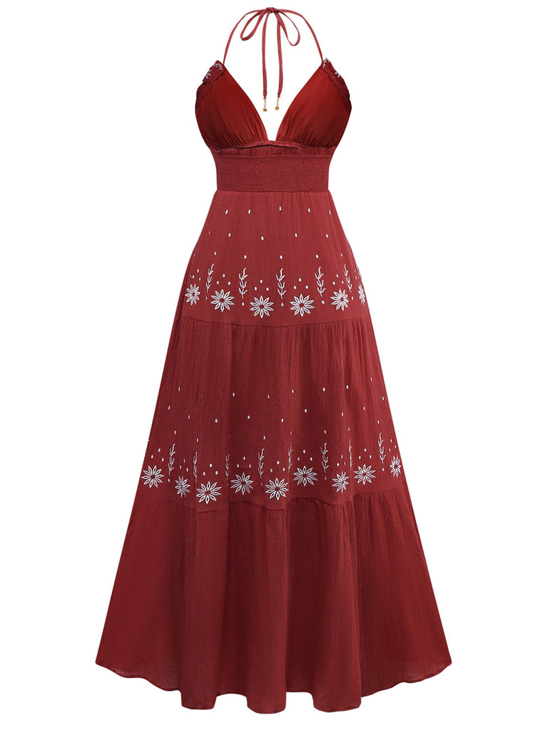 1930s Embroidered Floral Deep V-Neck Textured Dress