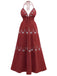 1930s Embroidered Floral Deep V-Neck Textured Dress