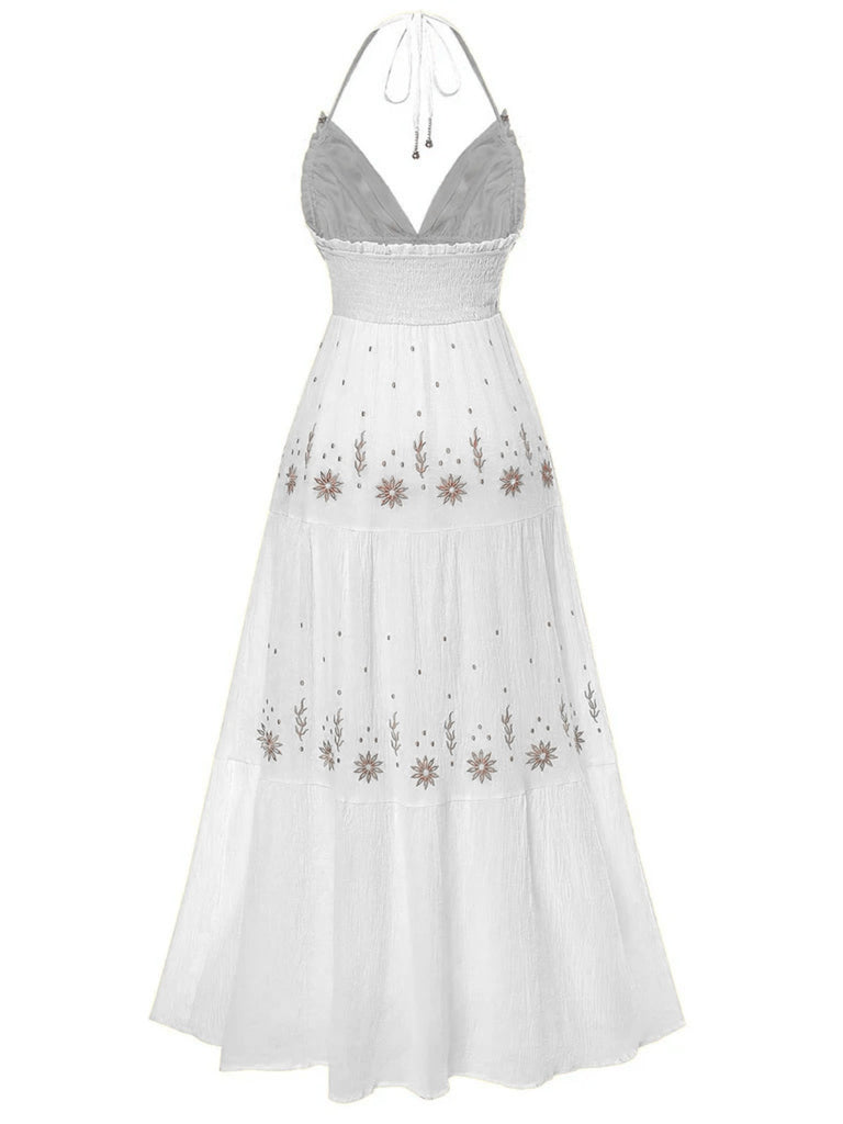 1930s Embroidered Floral Deep V-Neck Textured Dress | Retro