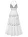 1930s Embroidered Floral Deep V-Neck Textured Dress