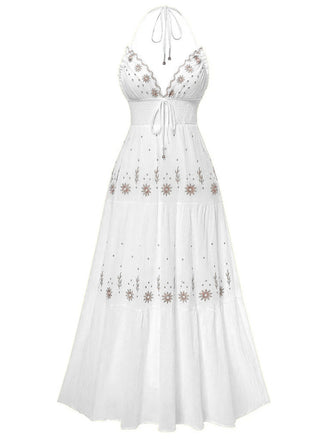 1930s Embroidered Floral Deep V-Neck Textured Dress