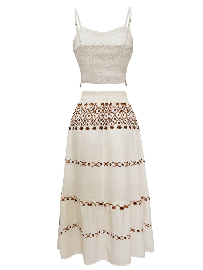 2PCS Beige 1970s Bohemian Fringe Strap Top & Skirt