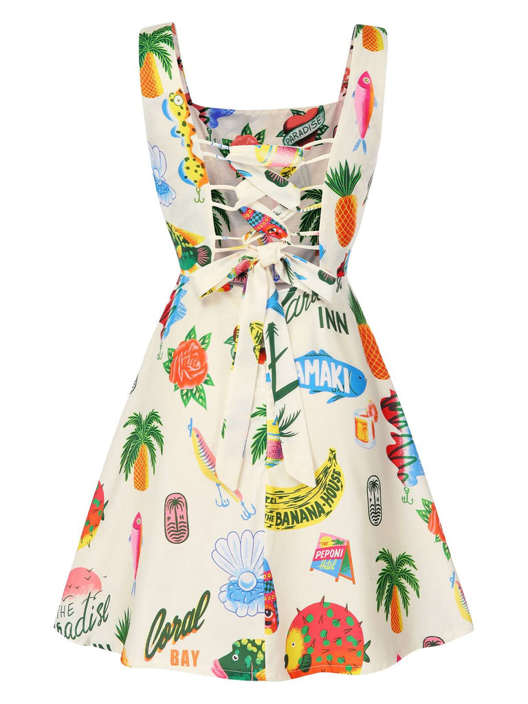Multicolor 1960s Tropical Fruits Wide-Straps Dress