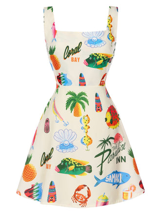 Multicolor 1960s Tropical Fruits Wide-Straps Dress