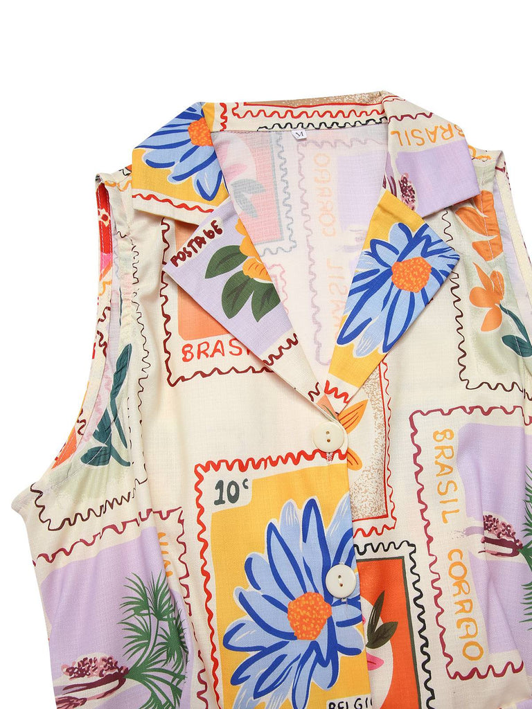 Multicolor 1960s Notched Collar Floral Stamp Dress