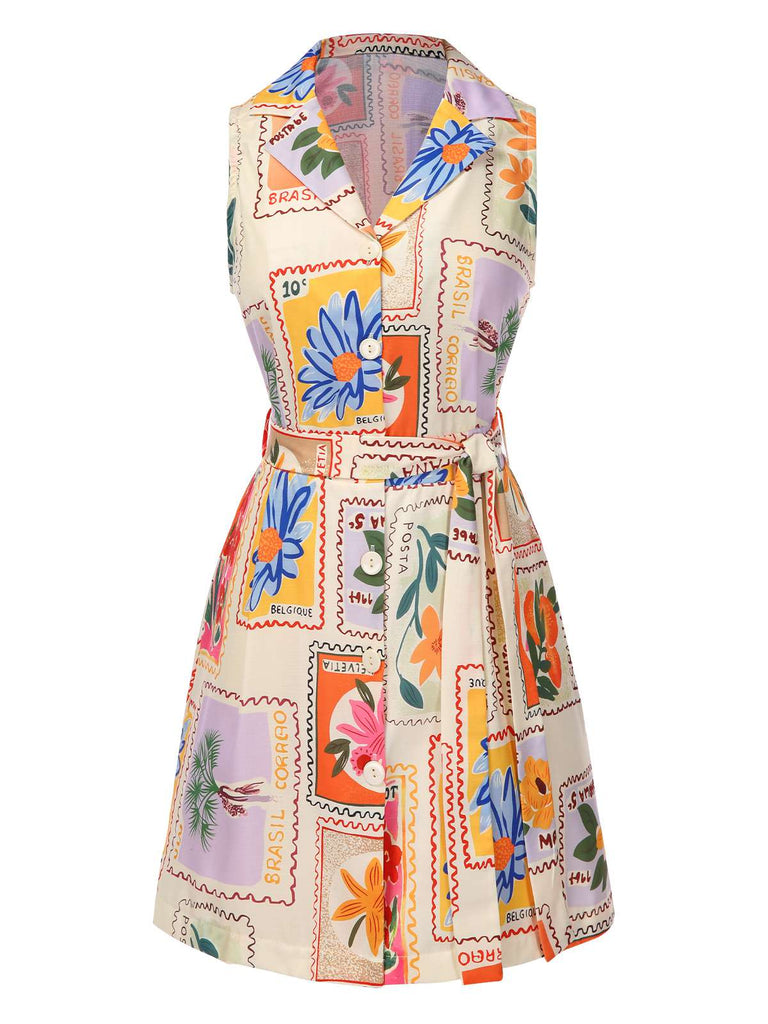 Multicolor 1960s Notched Collar Floral Stamp Dress