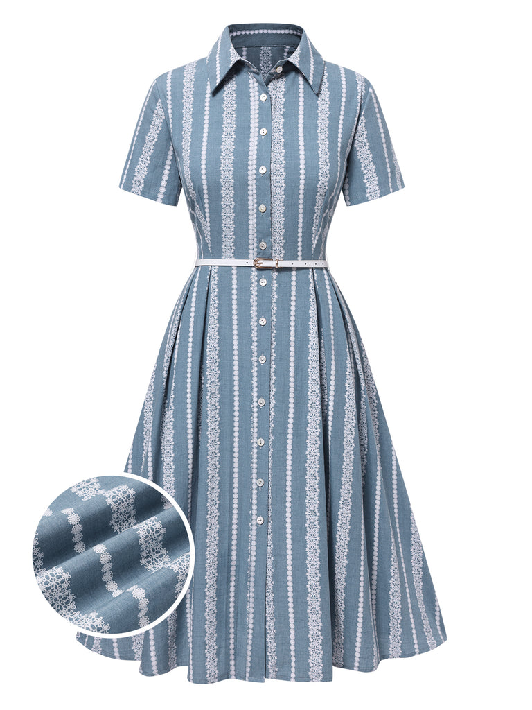 [Pre-Sale] Blue 1950s Geometric Print Lapel Dress