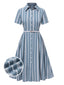 [Pre-Sale] Blue 1950s Geometric Print Lapel Dress