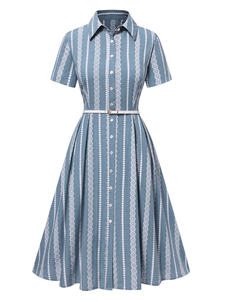 [Pre-Sale] Blue 1950s Geometric Print Lapel Dress