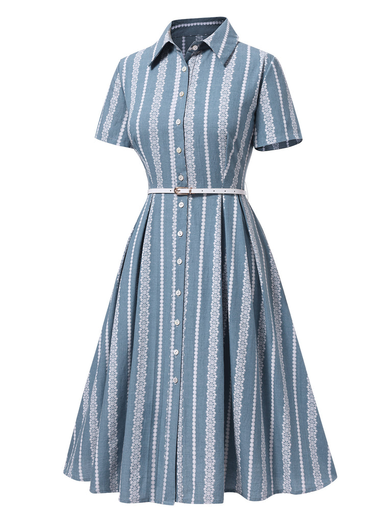 [Pre-Sale] Blue 1950s Geometric Print Lapel Dress