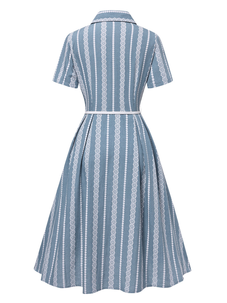 [Pre-Sale] Blue 1950s Geometric Print Lapel Dress