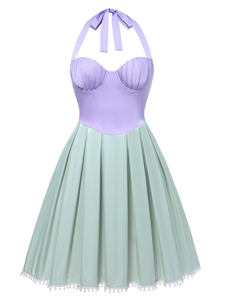 [Pre-Sale] [Plus Size] Lavender & Green 1940s Shell Pearl Pleated Dress