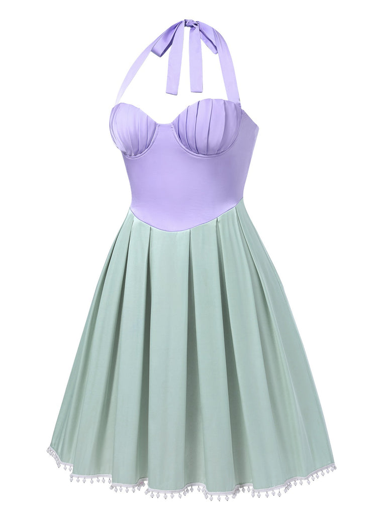 [Pre-Sale] [Plus Size] Lavender & Green 1940s Shell Pearl Pleated Dress