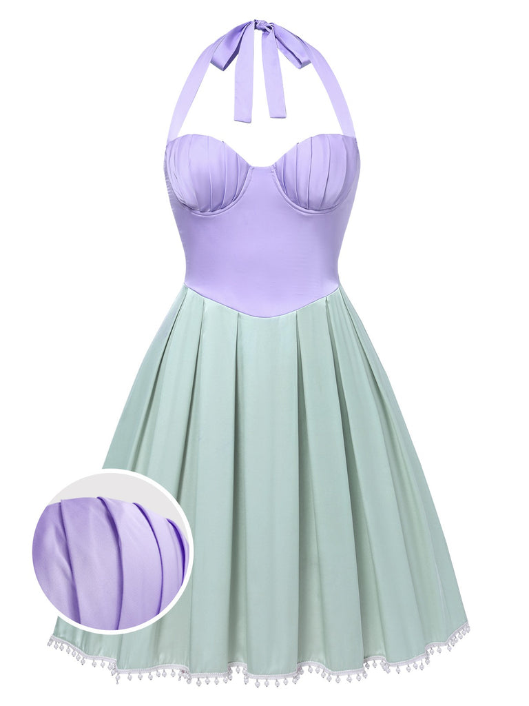 [Pre-Sale] [Plus Size] Lavender & Green 1940s Shell Pearl Pleated Dress
