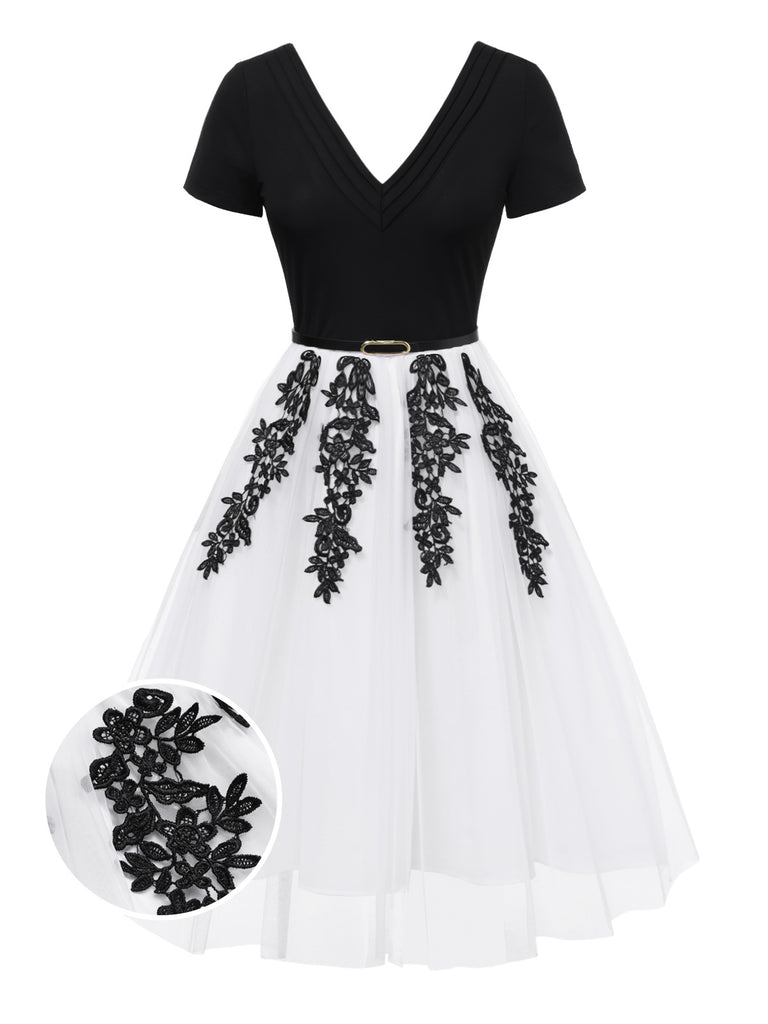 [Pre-Sale] Black & White 1950s V-Neck Embroidered Mesh Patchwork Dress