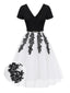 [Pre-Sale] Black & White 1950s V-Neck Embroidered Mesh Patchwork Dress