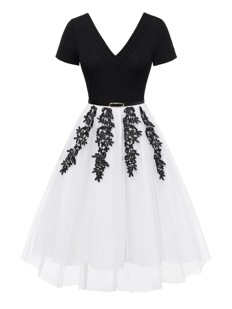 [Pre-Sale] Black & White 1950s V-Neck Embroidered Mesh Patchwork Dress