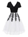 [Pre-Sale] Black & White 1950s V-Neck Embroidered Mesh Patchwork Dress
