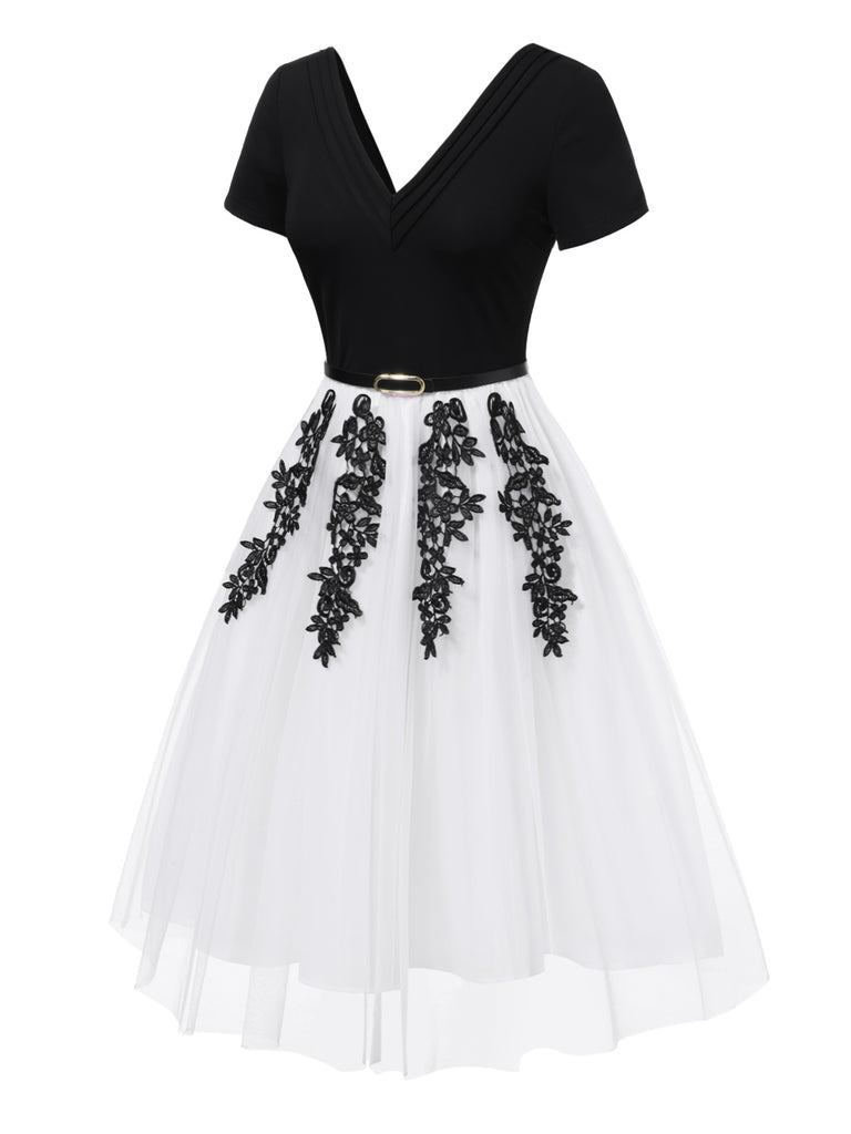 [Pre-Sale] Black & White 1950s V-Neck Embroidered Mesh Patchwork Dress