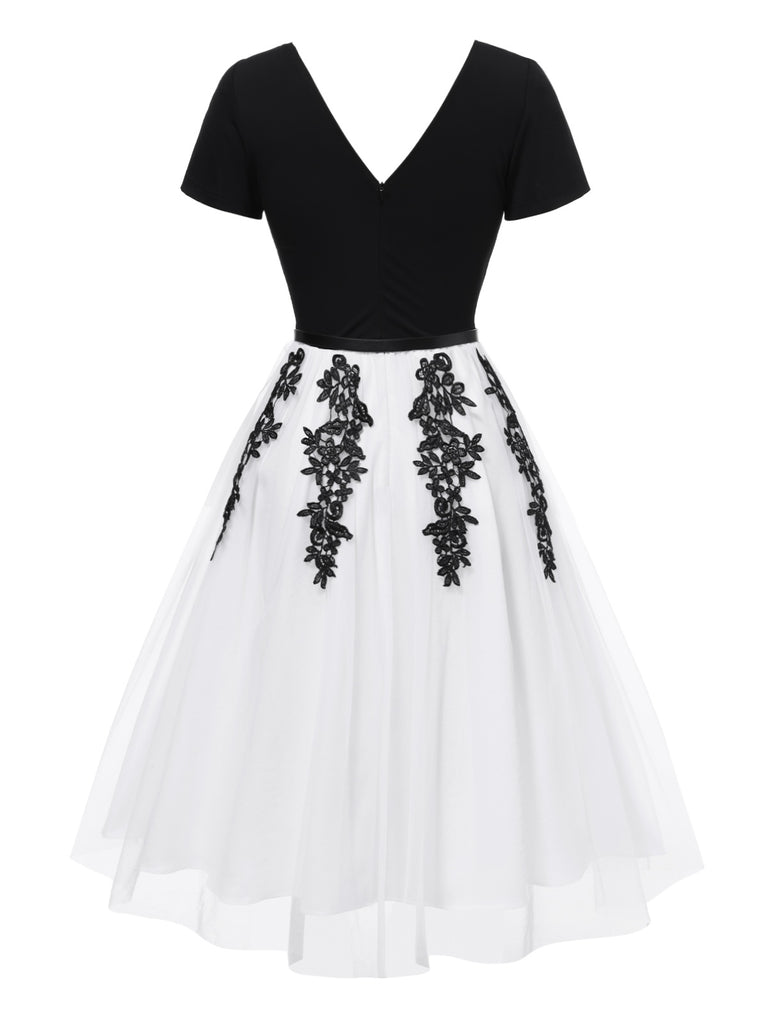 [Pre-Sale] Black & White 1950s V-Neck Embroidered Mesh Patchwork Dress