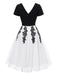 [Pre-Sale] Black & White 1950s V-Neck Embroidered Mesh Patchwork Dress