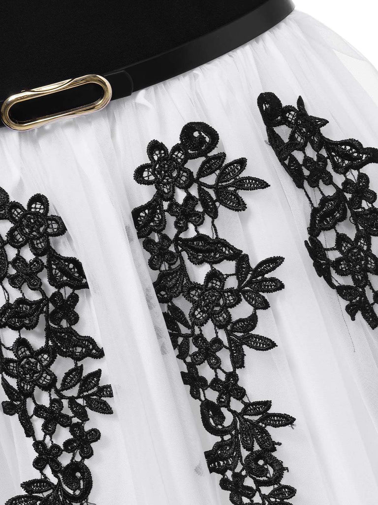 [Pre-Sale] Black & White 1950s V-Neck Embroidered Mesh Patchwork Dress