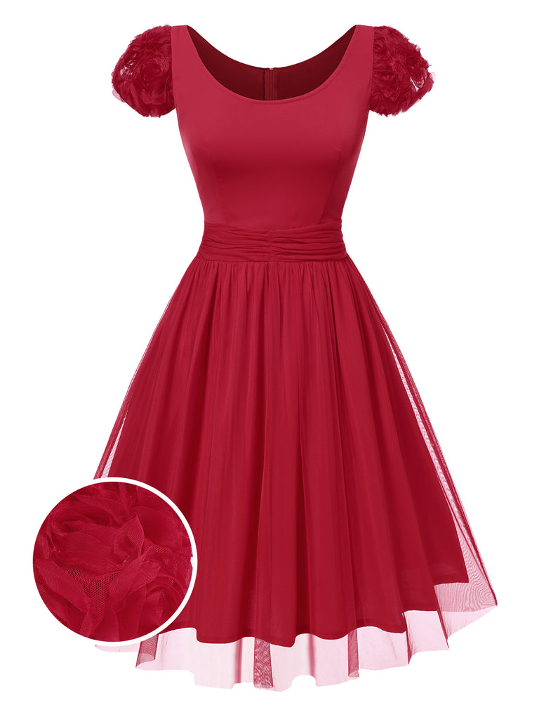 [Pre-Sale] Red 1950s Solid 3D Rose Round Neck Dress