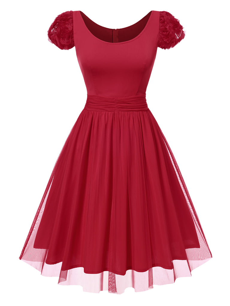 [Pre-Sale] Red 1950s Solid 3D Rose Round Neck Dress