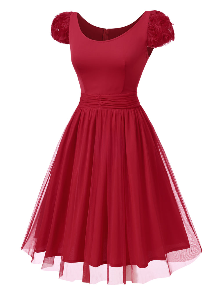 [Pre-Sale] Red 1950s Solid 3D Rose Round Neck Dress