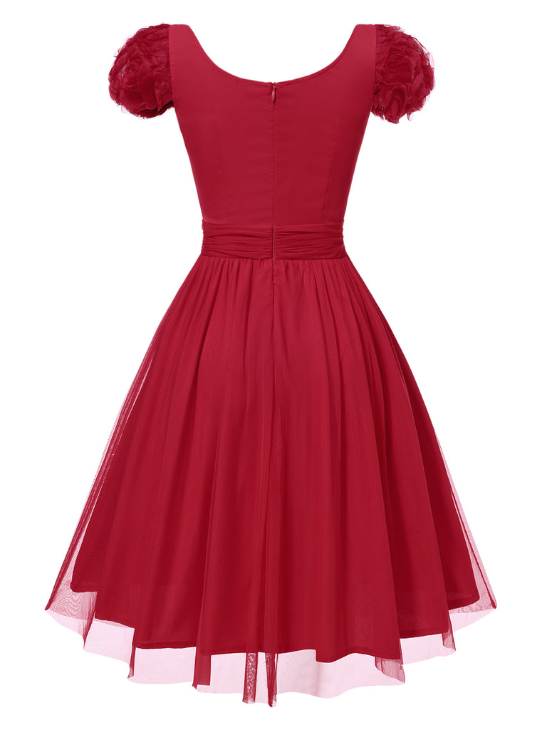 [Pre-Sale] Red 1950s Solid 3D Rose Round Neck Dress