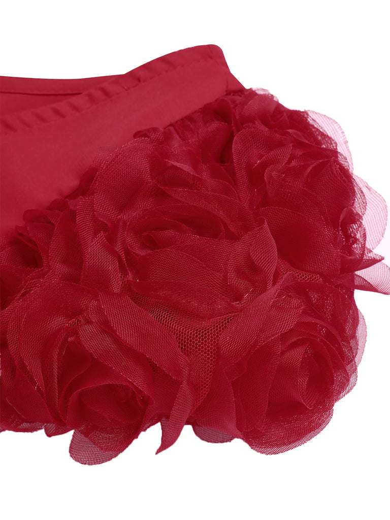 [Pre-Sale] Red 1950s Solid 3D Rose Round Neck Dress