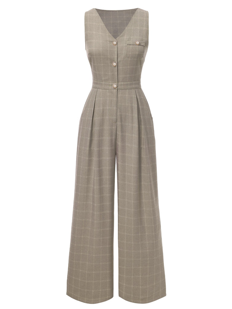 [Pre-Sale] Brown 1930s Plaid V-Neck Sleeveless Button Jumpsuit