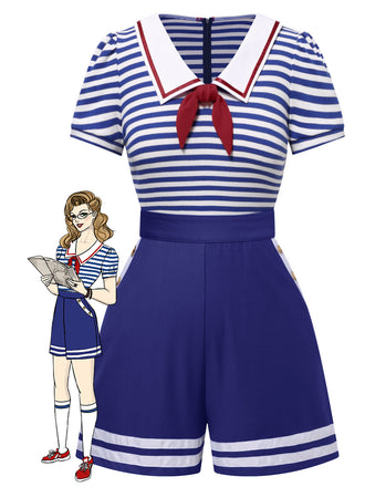 Blue 1950s Cotton Cravat Nautical Stripe Romper