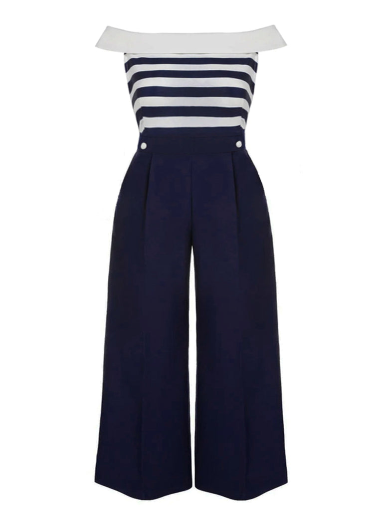 [Pre-Sale] [Plus Size] Blue 1930s Striped Off-Shoulder Jumpsuit