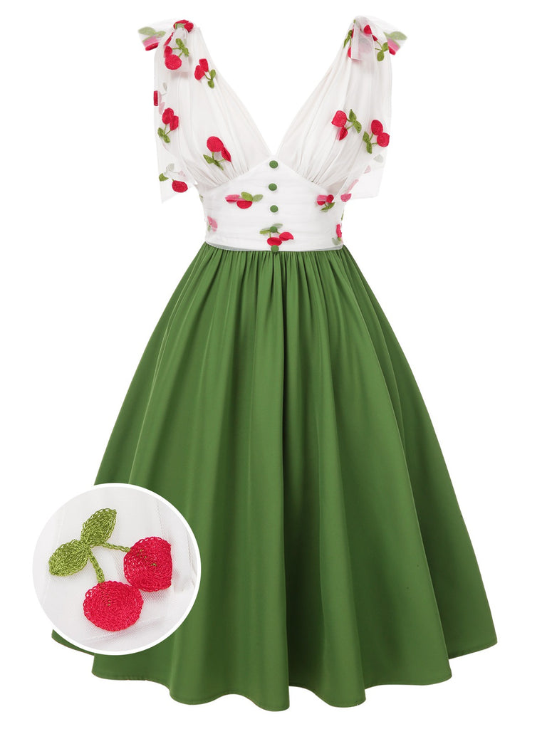 [Pre-Sale] Green 1950s Cherry V-Neck Mesh Patchwork Dress