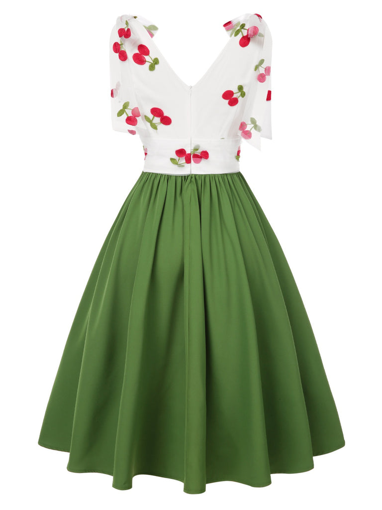 [Pre-Sale] Green 1950s Cherry V-Neck Mesh Patchwork Dress