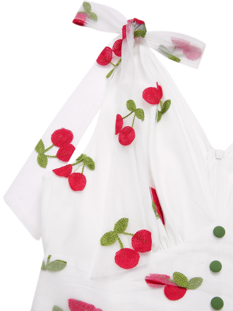 [Pre-Sale] Green 1950s Cherry V-Neck Mesh Patchwork Dress