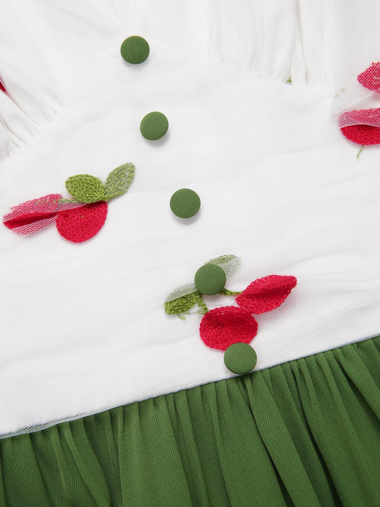 [Pre-Sale] Green 1950s Cherry V-Neck Mesh Patchwork Dress